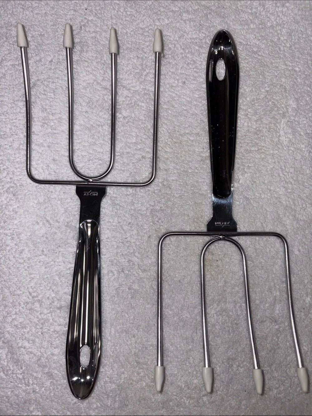 All clad  Stainless turkey lifter forks with White Tip Protectors